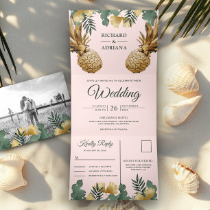Invitation Trois Volets Mariage Tropical Palmier Rose Doré Ananas