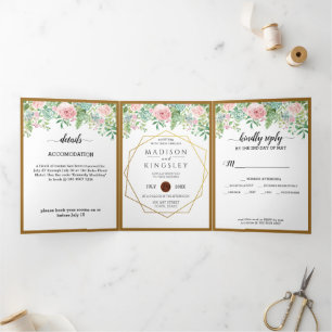 Invitation Trois Volets Mariage végétal rose Fab
