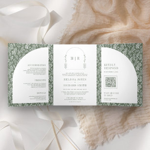 Invitation Trois Volets Mariage vert Arche Feuille d'art de ligne minimale