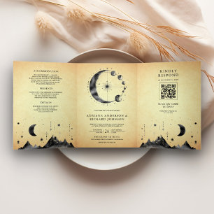 Invitation Trois Volets Mariage Vintage Céleste Phases de la Lune Croissan