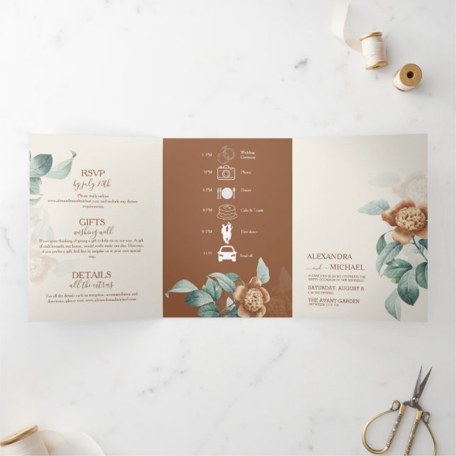 Invitation Trois Volets Mariage vintage de fleurs botaniques (Intérieur)