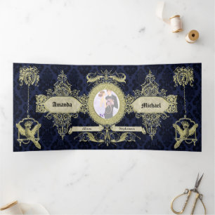 Invitation Trois Volets Mariage Vintage Ornate Blue Damask