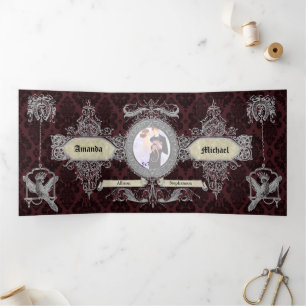 Invitation Trois Volets Mariage Vintage Orné Rouge Damas