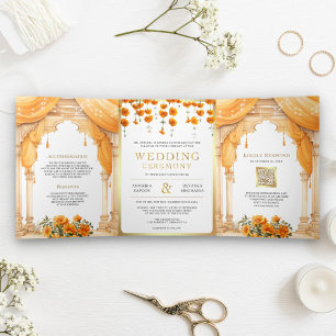 Invitation Trois Volets Marigold Floral Sud Indien Mandap Mariage hindou