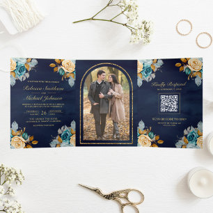 Invitation Trois Volets Marine Blue Cream Floral Gold QR Code Photo Mariag