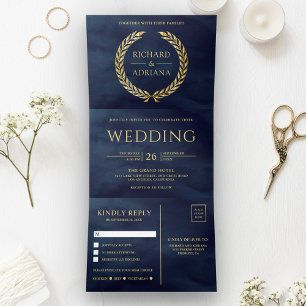 Invitation Trois Volets Marine Blue Gold Laurel Minimal tout en un Mariage