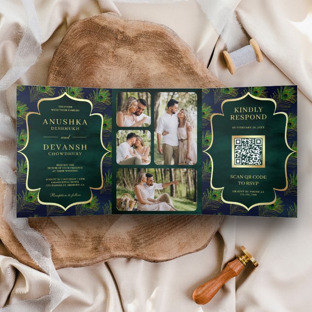 Invitation Trois Volets Marine Blue Green Peacock Feathers QR Code Mariage (Créateur téléchargé)