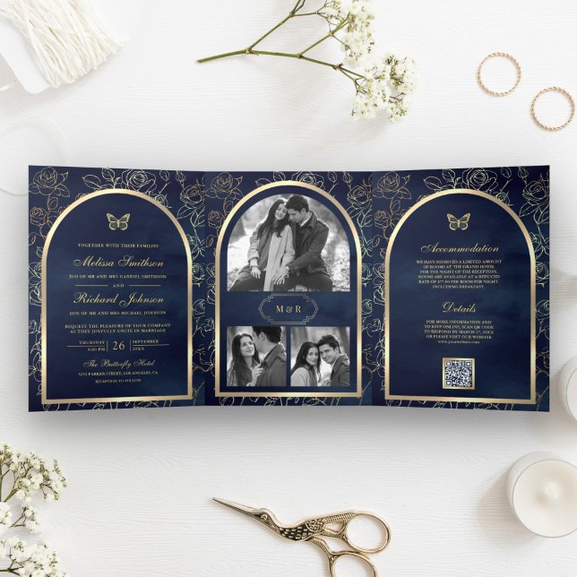 Invitation Trois Volets Marine Blue Line Art Gold Arch Mariage papillon (Créateur téléchargé)