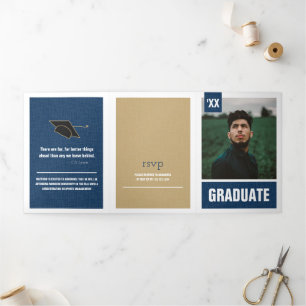 Invitation Trois Volets Marine Blue Modern Textured Photo Graduation