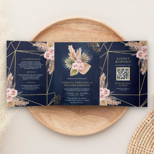 Invitation Trois Volets Marine Blue Pampas Dusty Rose Roses QR Code Mariag