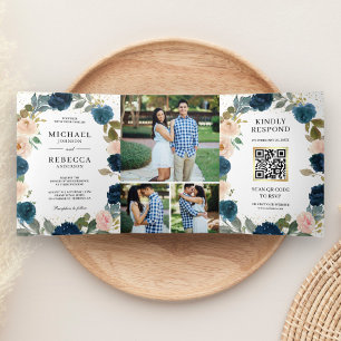 Invitation Trois Volets Marine Blue Peach Floral tout en un Code QR Mariag