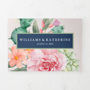 Invitation Trois Volets Marine Blue Rose et Pêche Floral Mariage d'hiver