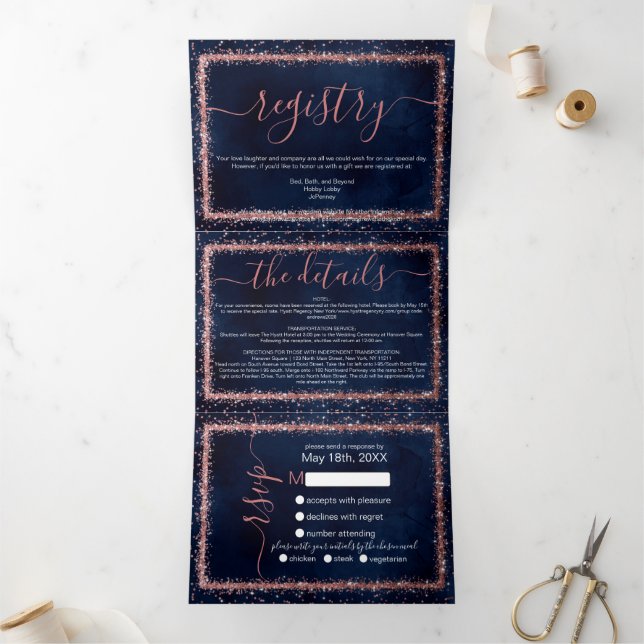 Invitation Trois Volets Marine Blue Rose Gold Confetti Détails du registre (Intérieur)