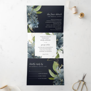 INVITATION TROIS VOLETS MARINE BLUE VERT OR FLORAL MARIAGE D'EAU