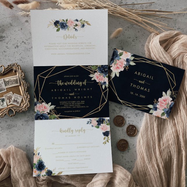 Invitation Trois Volets Marine Blush Floral Gold Mariage géométrique (Créateur téléchargé)