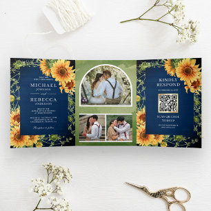 Invitation Trois Volets Marine Bois Sunflowers Photo Arch Code QR Mariage
