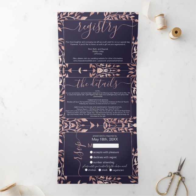 Invitation Trois Volets Marine Rose Gold Floral Feuilles Registre Détail R (Intérieur)