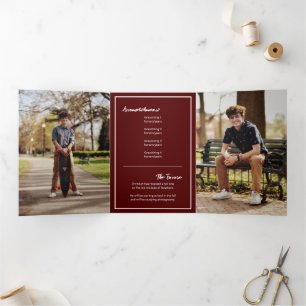 Invitation Trois Volets Maroon Edgy Abstrait Torn Photo Graduation
