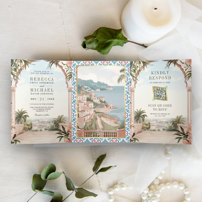 Invitation Trois Volets Méditerranéen Italien Côte Amalfi QR Code Mariage (Créateur téléchargé)