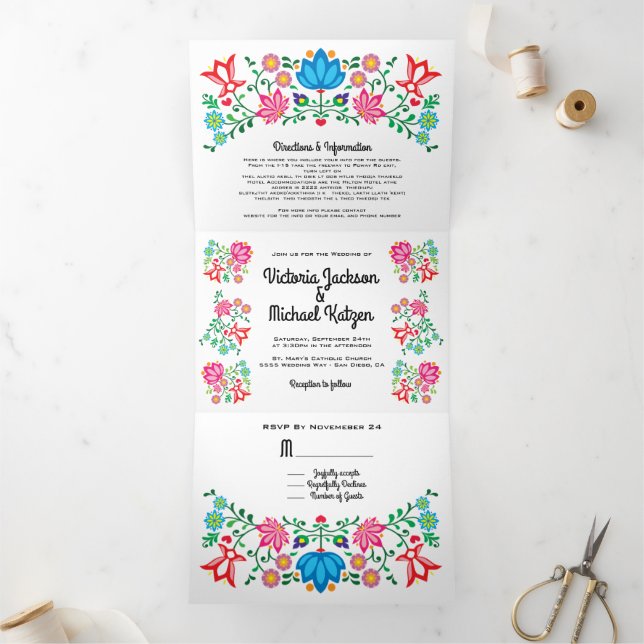 Invitation Trois Volets mexicaine Fiesta Folk Art Floral Mariage (Intérieur)