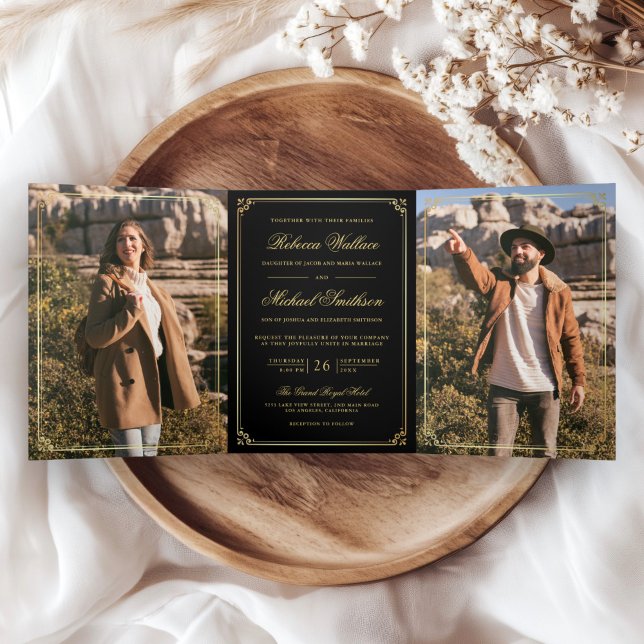 Invitation Trois Volets Minimalist Photo Black Gold QR Code Wedding (Créateur téléchargé)