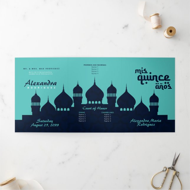 Invitation Trois Volets Minuit Turquoise Bleue Arabe Nights Quinceañera (Extérieur)