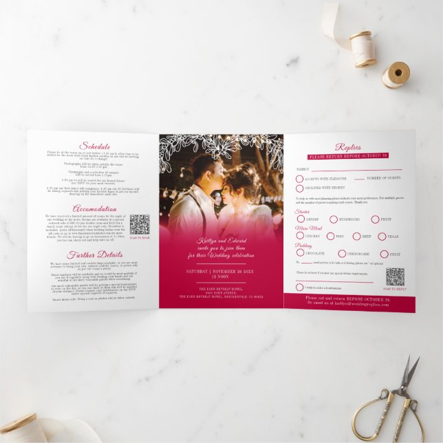 Invitation Trois Volets Mistletoe rouge blanc mariage option RSVP (Intérieur)