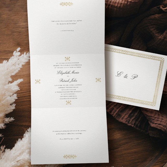 Invitation Trois Volets Modern Classic Formal Golden Lys Ivory Wedding (formal traditional wedding invitation modern classic gold ivory deco ballroom all in one trifold)