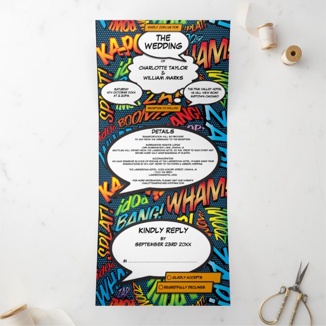 Invitation Trois Volets Modern Fun Comic Book Mariage photo (Intérieur)