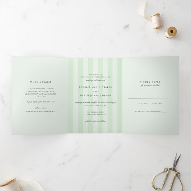 Invitation Trois Volets Modern Green Stripes Elegant Wedding