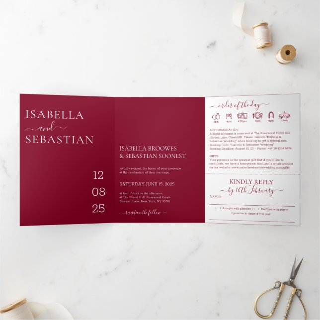 Invitation Trois Volets Modern Minimal Burgundy All-in-One Wedding (Intérieur)