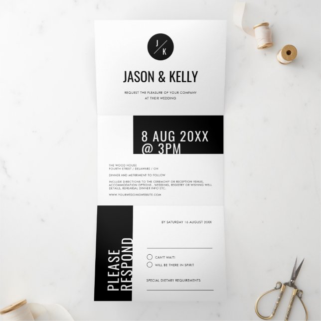 Invitation Trois Volets Moderne minimal Gras Noir Blanc Geo Simple Plain (Intérieur)