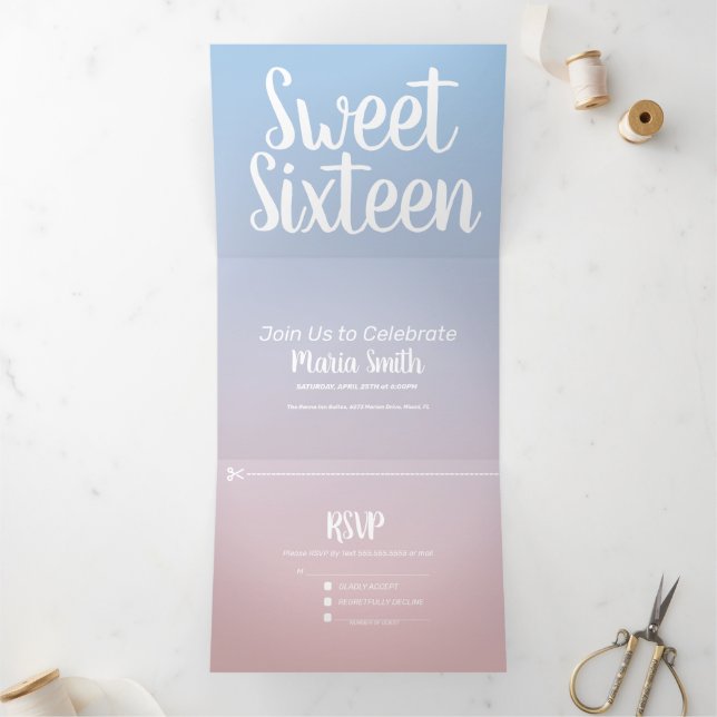 Invitation Trois Volets Moderne Sweet 16 Pastel Ombre Deux Tons (Intérieur)