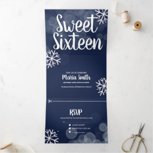 Invitation Trois Volets Moderne Sweet 16 Snowflakes Scattered