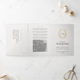 Invitation Trois Volets Monogramme blanc or noir repas mariage RSVP carte