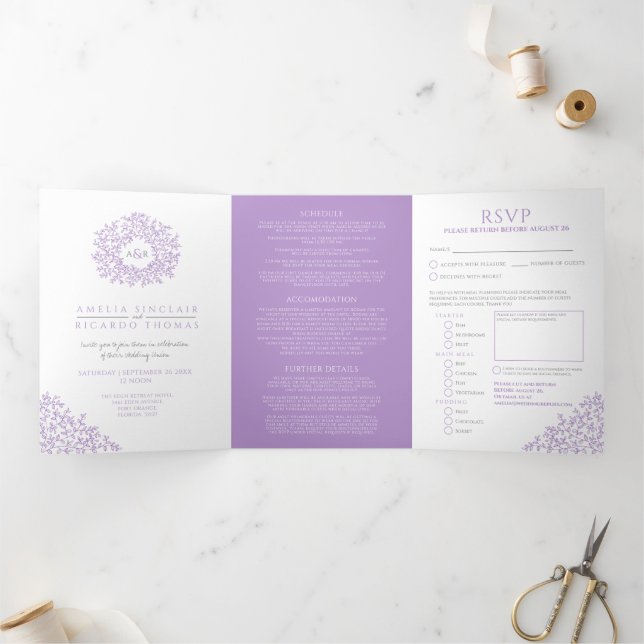 Invitation Trois Volets Monogramme blanc violet feuille mariage tout-en-un (Intérieur)