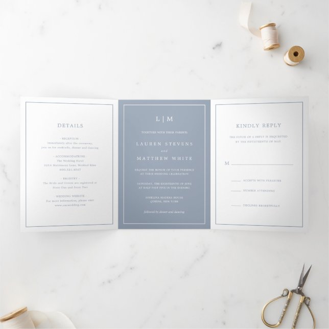 Invitation Trois Volets Monogramme bleu foncé simple Mariage élégant (Intérieur)