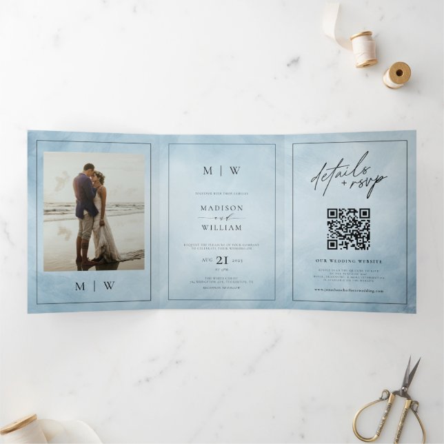 Invitation Trois Volets Monogramme & Bordure Elégante Dusty Blue Mariage (Intérieur)