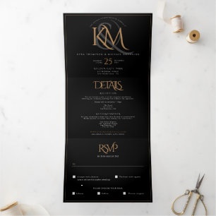 Invitation Trois Volets Monogramme d'or noir moderne tout en un Mariage