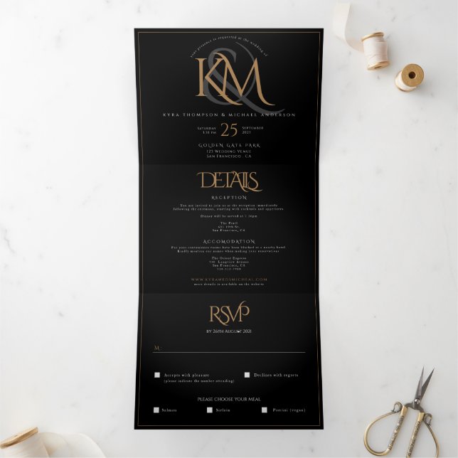 Invitation Trois Volets Monogramme d'or noir moderne tout en un Mariage (Intérieur)
