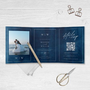 Invitation Trois Volets Monogramme et frontière Elégant Mariage bleu marin