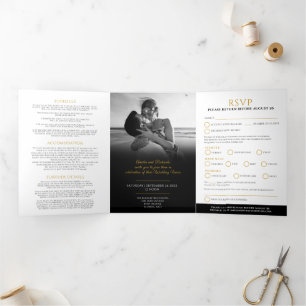 Invitation Trois Volets Monogramme feuille d'or noir option repas mariage 