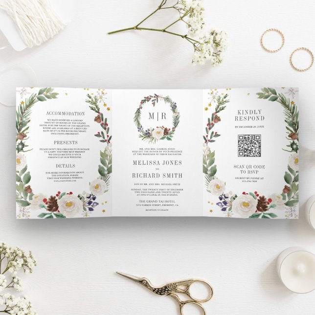 Invitation Trois Volets Monogramme floral de Noël rustique QR Code Mariage (Créateur téléchargé)