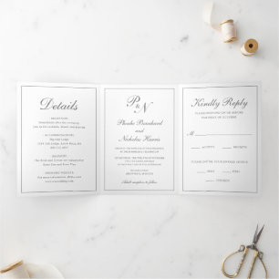 Invitation Trois Volets Monogramme Gris Photo officielle Mariage tradition