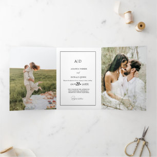 Invitation Trois Volets Monogramme minimaliste moderne Mariage noir et bla