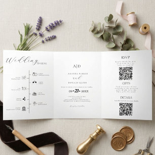 Invitation Trois Volets Monogramme minimaliste moderne Mariage noir et bla