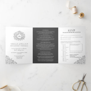 Invitation Trois Volets Monogramme mono feuille mariage tout-en-un