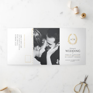 Invitation Trois Volets Monogramme or blanc noir mariage option RSVP