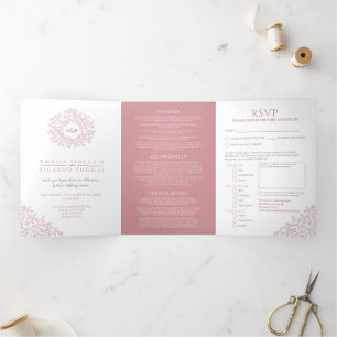 Invitation Trois Volets Monogramme rose poussiéreux feuille mariage tout-e