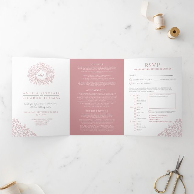 Invitation Trois Volets Monogramme rose poussiéreux feuille mariage tout-e (Intérieur)
